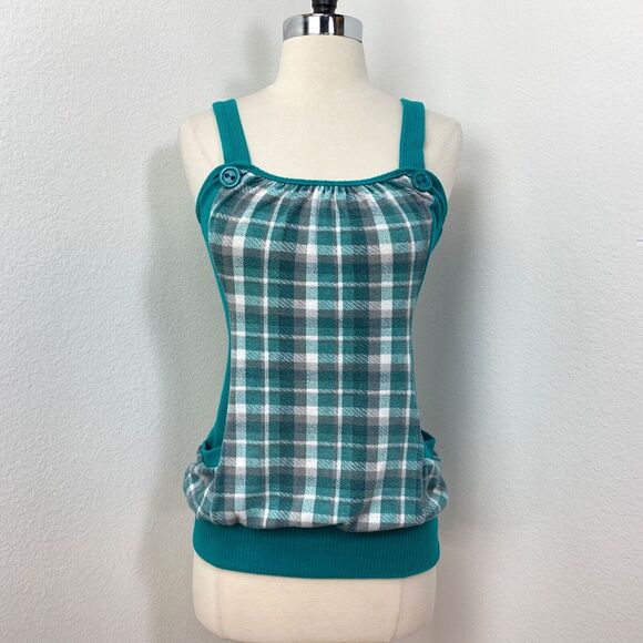 Vintage Y2K Mine Tank Top Small Teal Knit Plaid Pockets Boho Peasant Country - Picture 1 of 13